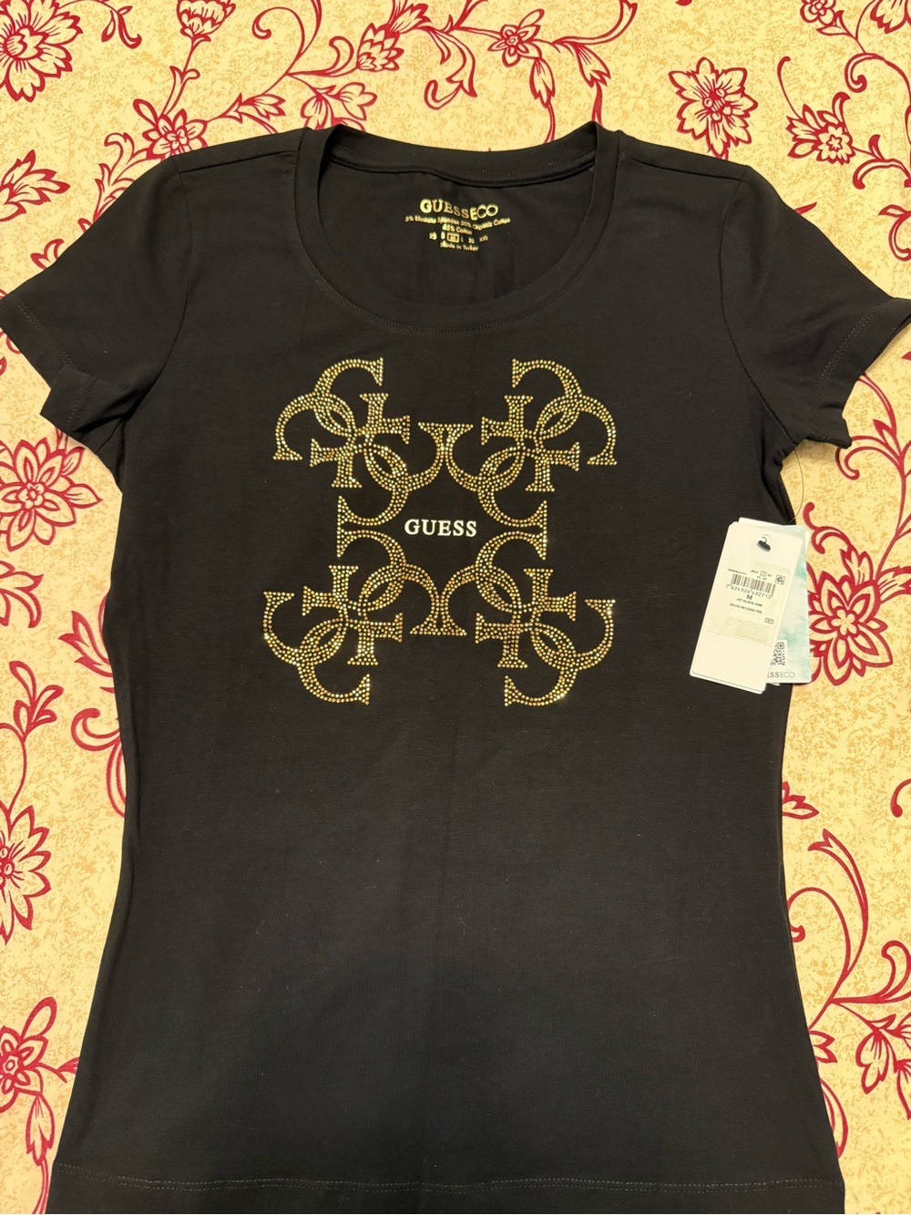 Guess Black Short Sleeve Tee with Gold Stud Logo Motif